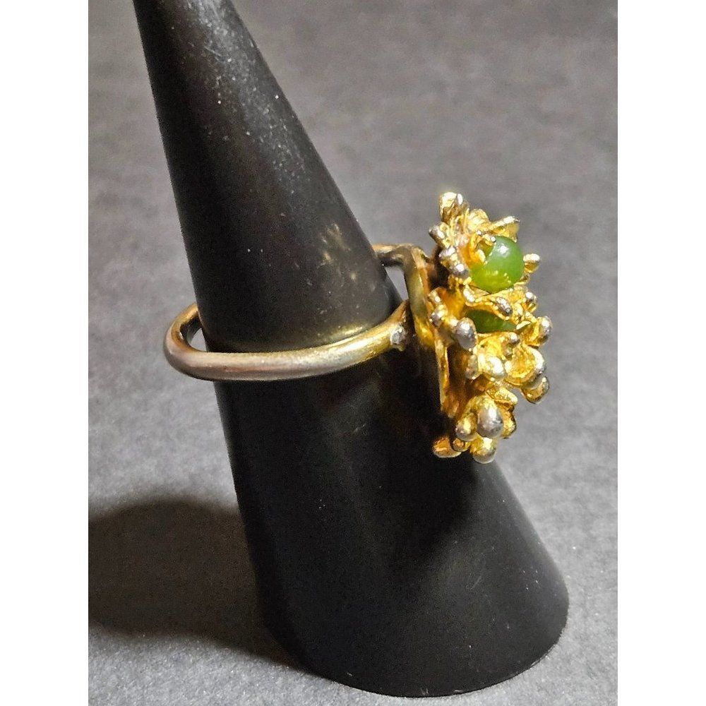 Gold plated green jade antique adjustable ring - Picture 4 of 11